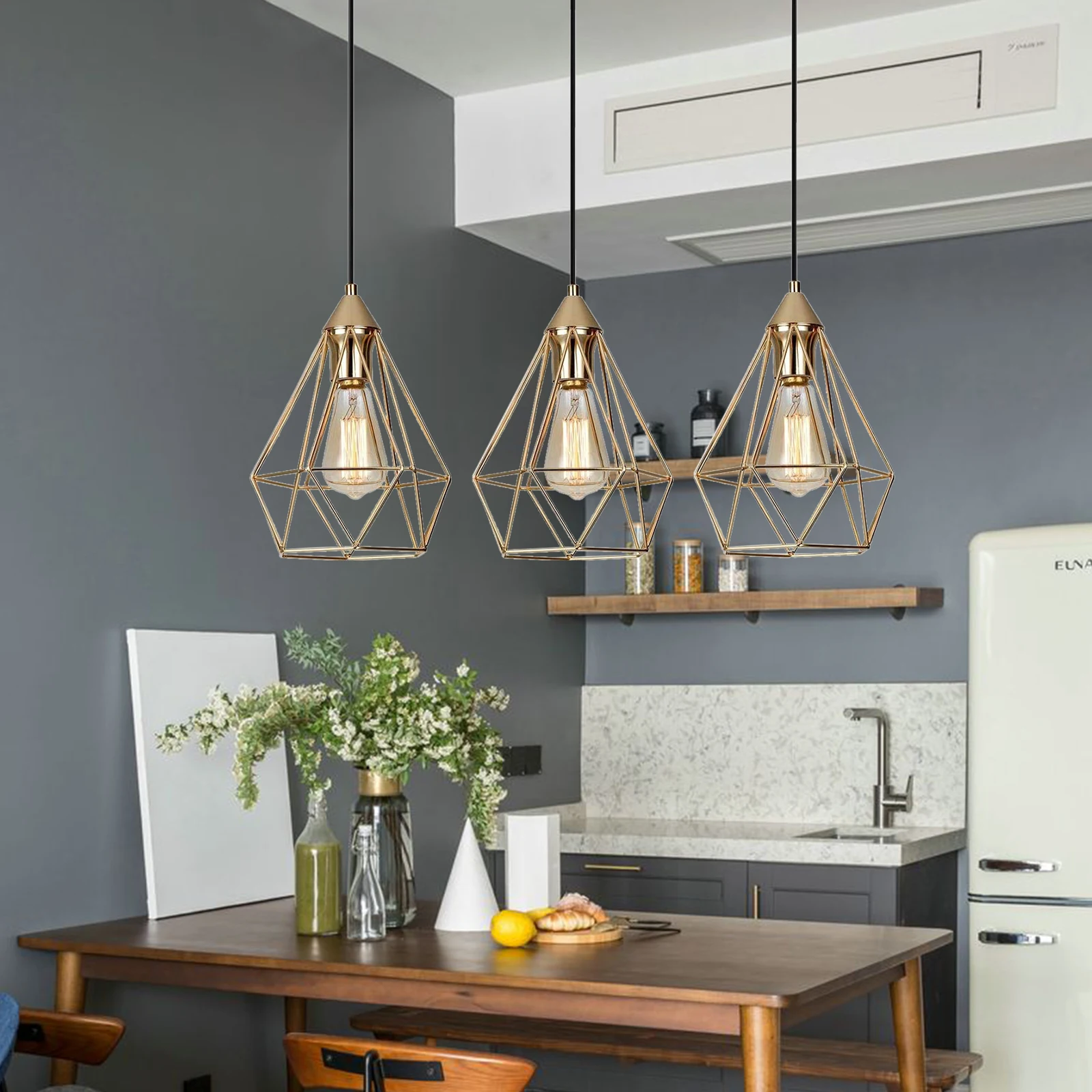 

Vintage Industrial Metal LED 3-Light Kitchen Island Hanging Pendant Ceiling Lamp Dimmable Lighting with Geometric Cage