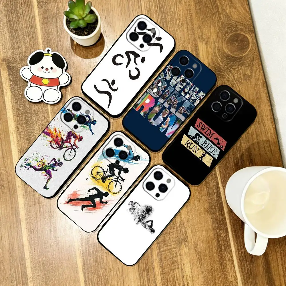 Triathlon Swim Bike Run Phone Case For iPhone 17,16,15,14,13,12,11 Plus,Pro Max,XS,Soft Silicone Black Cover