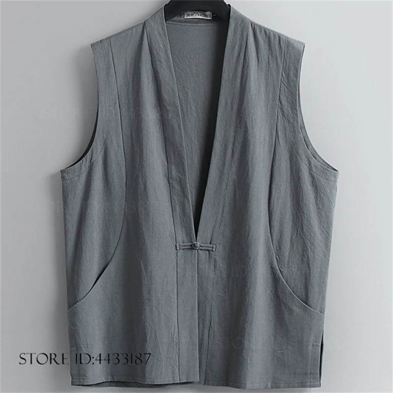 

Мужской жилет в китайском стиле Тан больших размеров, ретро-жилет с традиционными застежками, летняя свободная хлопково-льняная рубашка без рукавов в стиле Ханьфу
