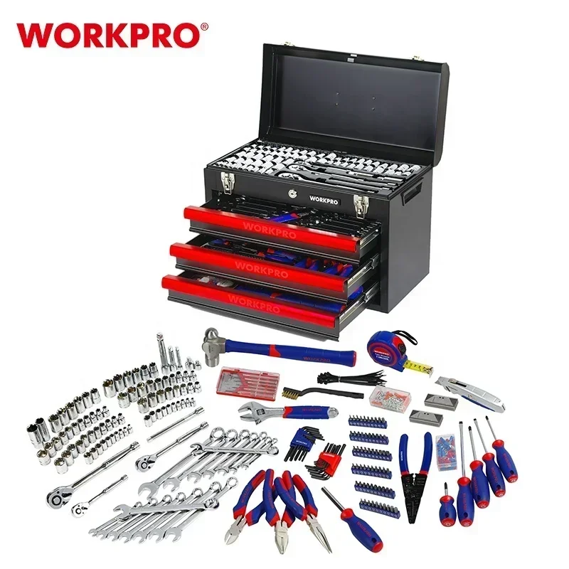 WORKPRO 408PC Механический набор инструментов с 3 ящиками, сверхмощный металлический ящик, набор аппаратных инструментов