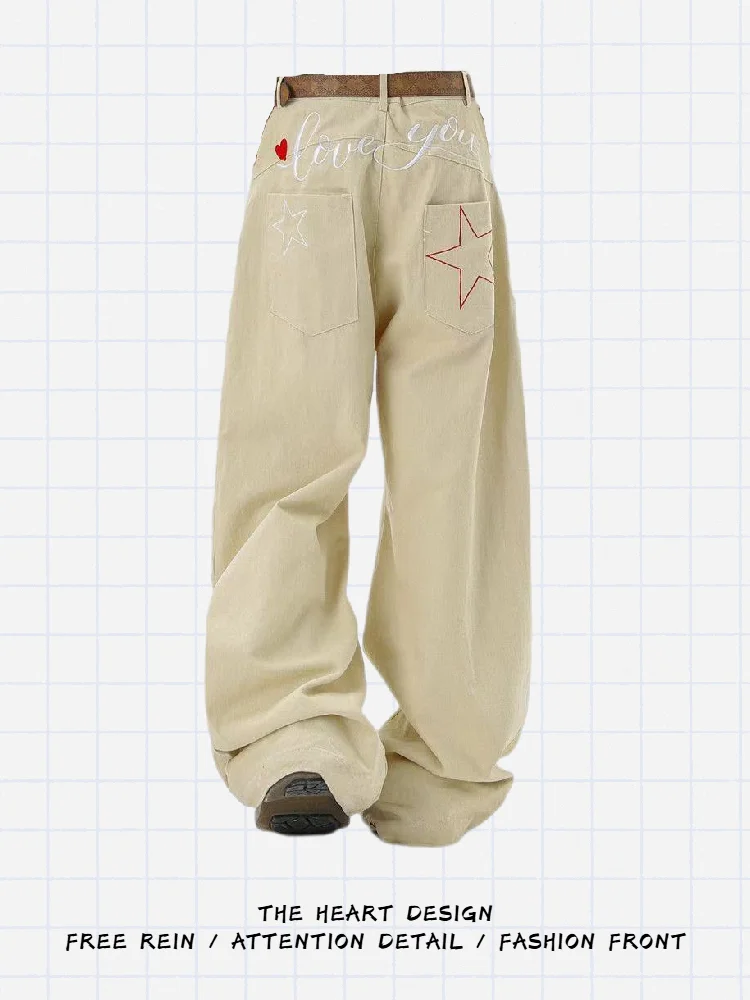 

Khaki Star Embroidery Wide Leg High Waist Casual Jeans Women's Loose Fit Autumn New Sle Knife Denim Pants