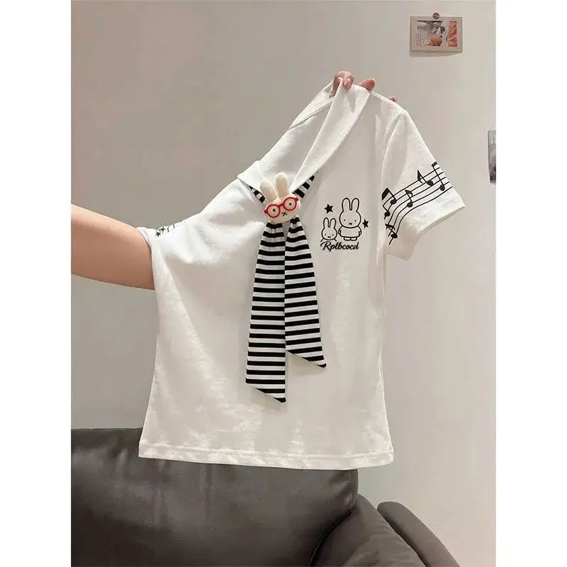 Cute Miffy Sweet Stripes Shawl Navy Collar Short Sleeves T-shirt Female Summer Outfit Beautiful Age Reduction Tops Good Looks