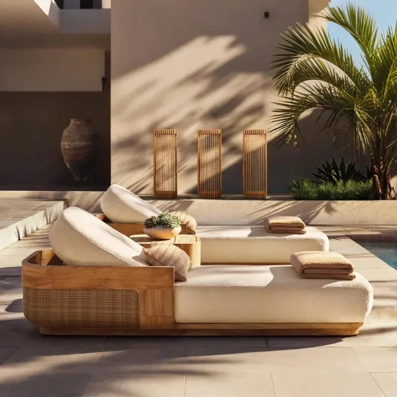 Sun Beach Lounge Chair & Daybed Set, Teak Wood Rattan Lounger Furniture Set for Poolside Patio Garden & Beach Garden العاب جنسية