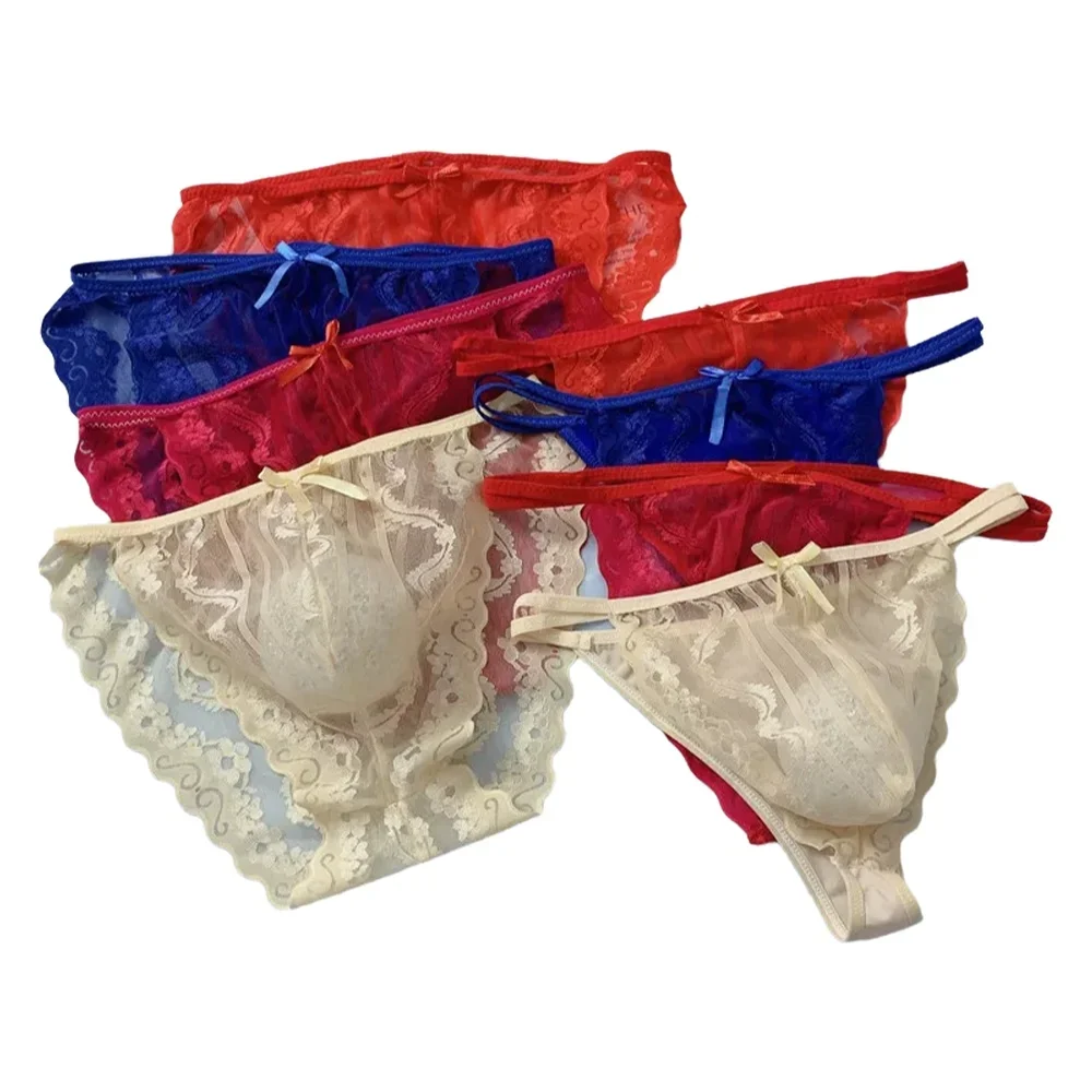 Men Sexy Briefs Ultrathin Lace Seamless Transparent Convex Gays Imitates Crossdressing Sissy Lingerie Low Rise T-Back Panties
