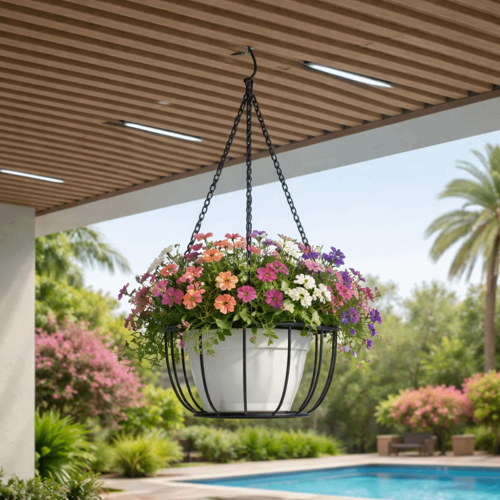 Pot Tray Iron Hanging Planter Hanger Round with Chain Flower Pot Holder Durable Vintage Style Plant Hanger Garden