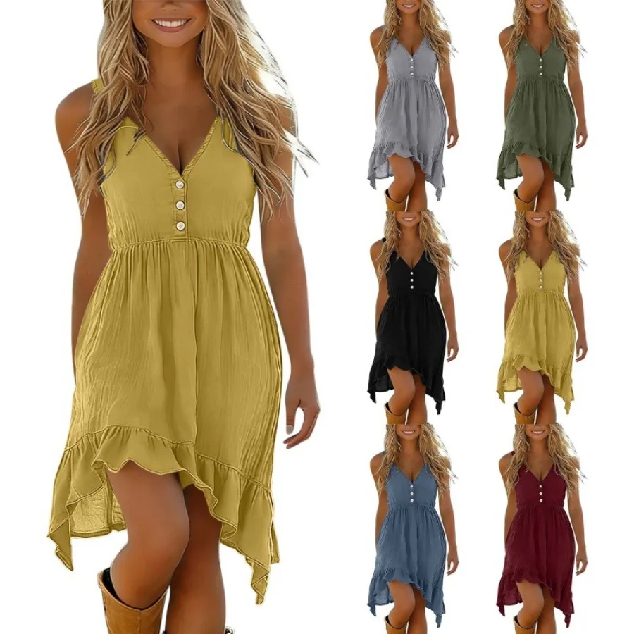 

【ГОРЯЧАЯ НОВИНКА】Европейская и американская женская одежда: однотонный топ на бретелях с V-образным вырезом, асимметричным подолом и оборками, праздничный стиль, без рукавов, из хлопка.