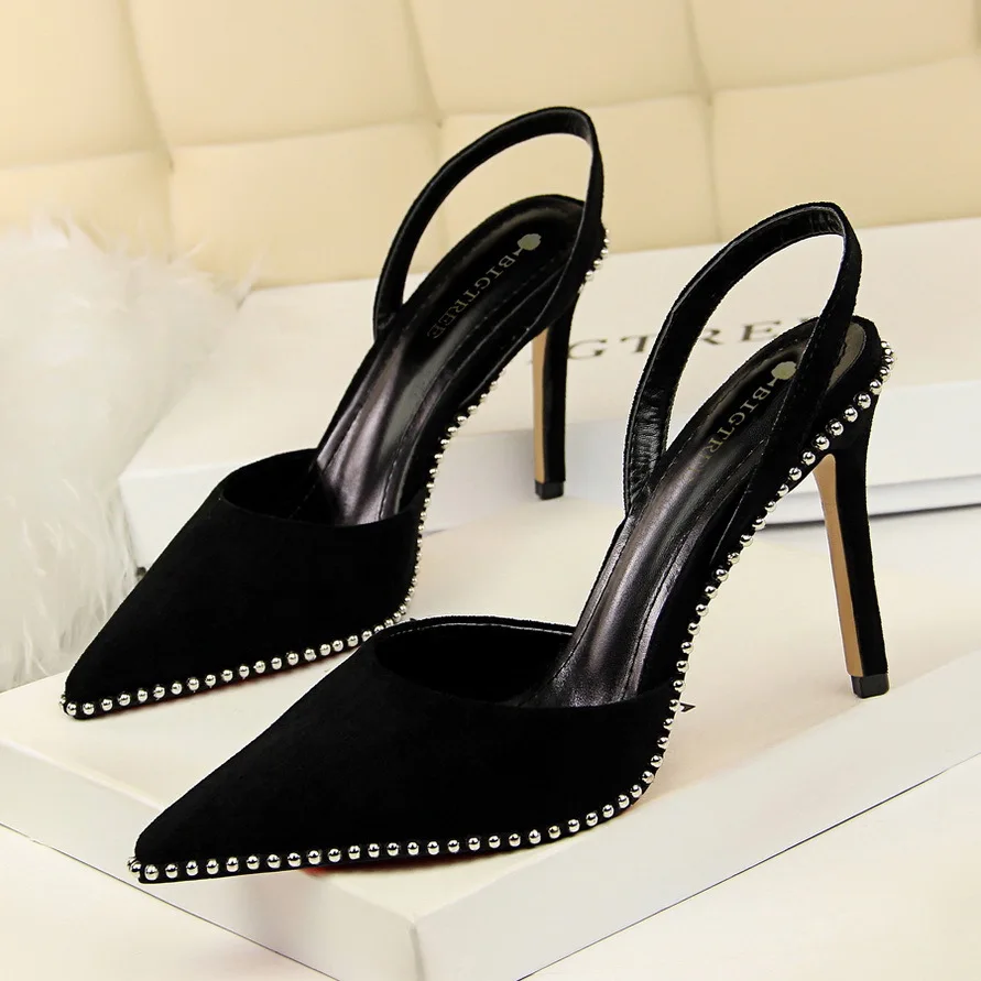 

Style Sexy Nightclub Slim High Heel Suede Shallow Hollow Back Strap Riveted Pointed Women's Sandals Women Pumps туфли женские