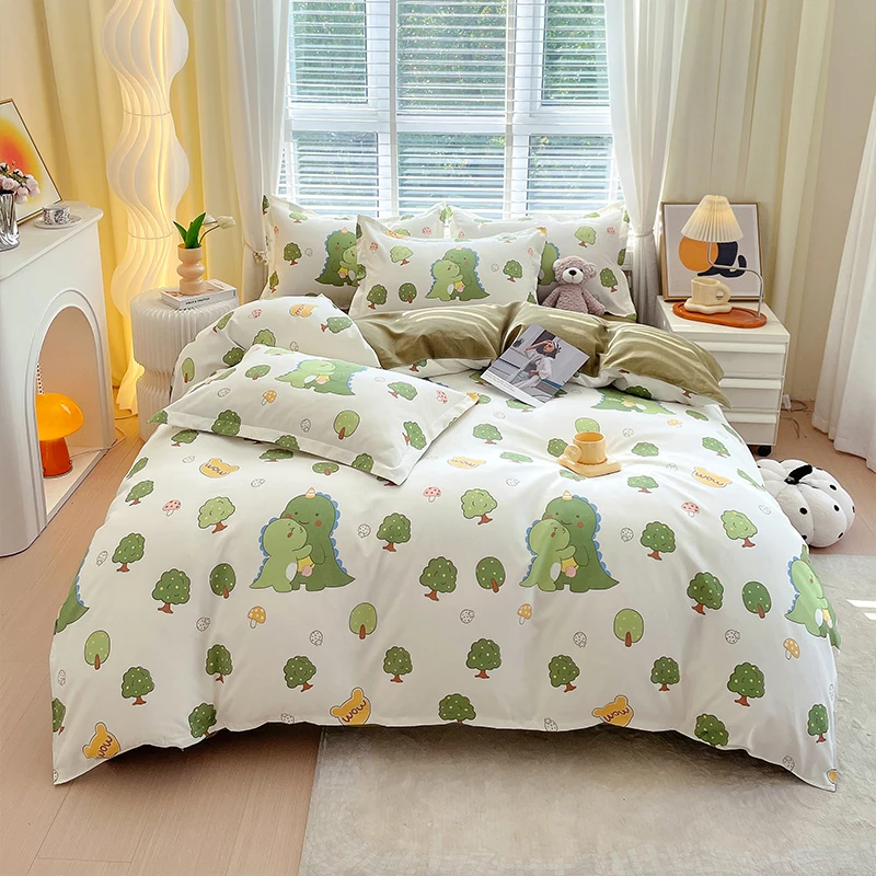 Cartoon Dinosaur Duvet Cover 4pcs Bedding Set Lovely Animal Quilt Cover Polyester Comforter Cover 1 Flat Sheet and 2 Pillowcases