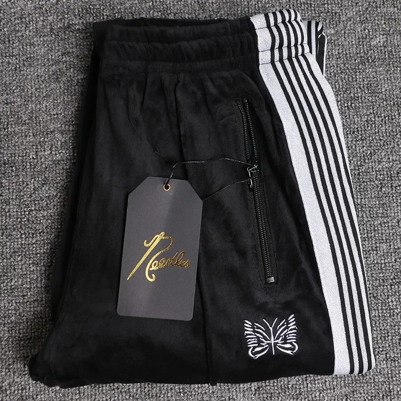 2025 Black Striped AWGE Butterfly Embroidery Velvet Pants Best Quality Sweatpants For Men Women Blue Casual Trousers