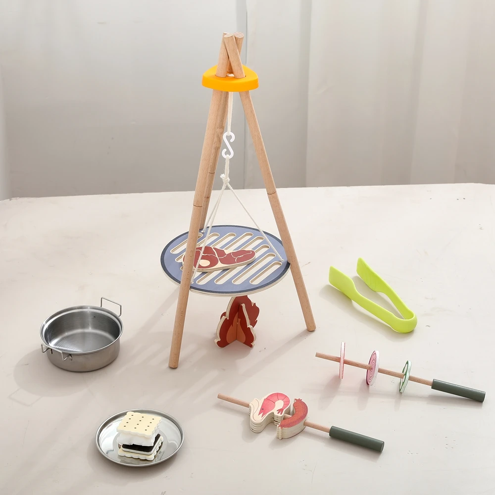 

Деревянные игрушки Монтессори для кемпинга на открытом воздухе, деревянный гриль-барбекю, набор игрушек, блоки, игровой домик, игры, детские интерактивные игрушки