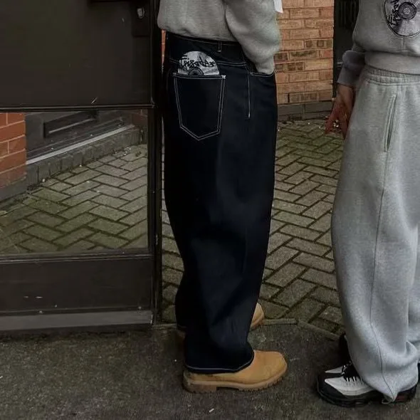 

Джинсы в стиле хип-хоп, черные, с модной вышивкой, широкие брюки для мужчин и женщин, ретро, винтаж, в стиле Харадзюку, уличная одежда, повседневные свободные джинсы