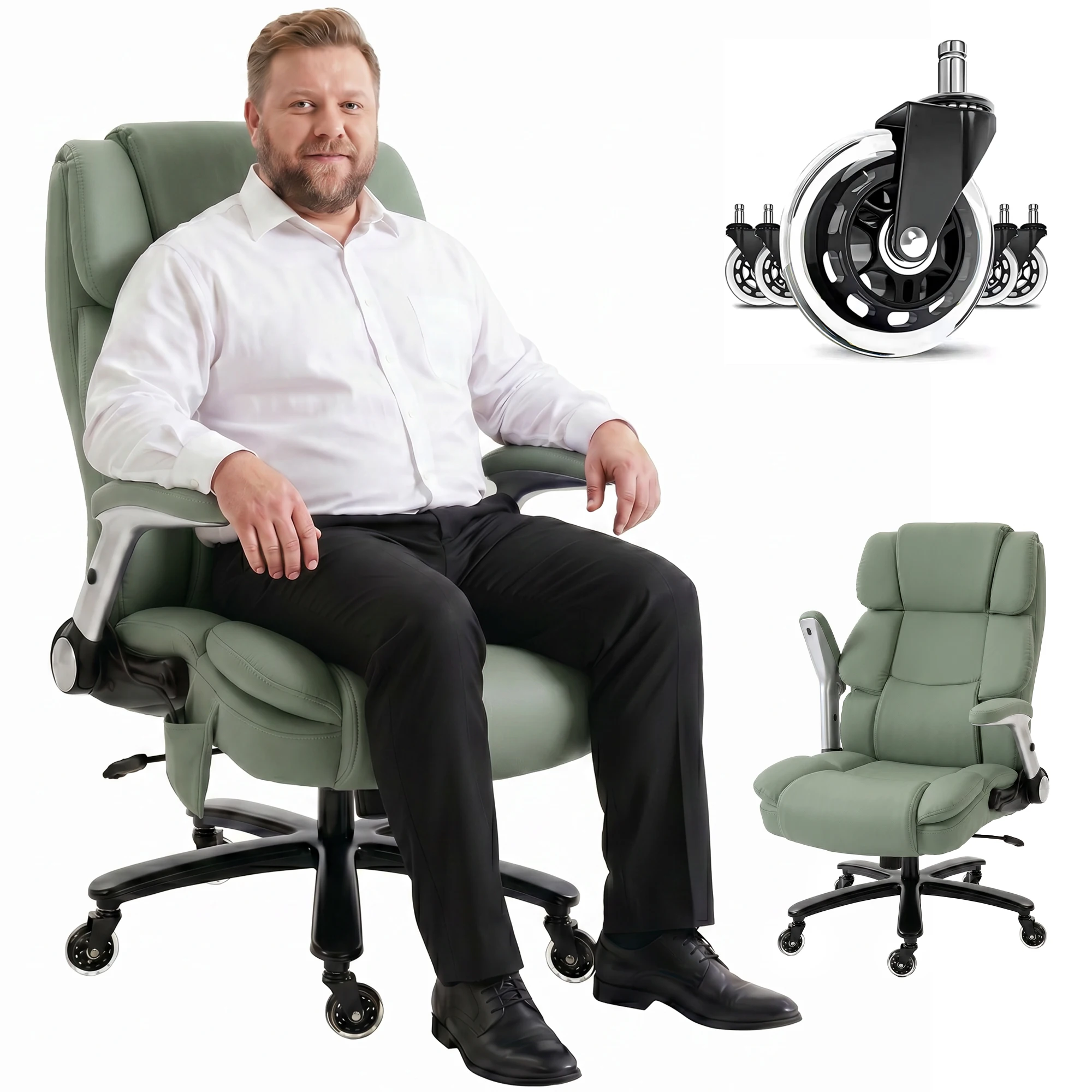 HOMCOM Ergonomic Office Chair with Inflatable Adjustable Lumbar Support, 400 Lbs Heavy Duty High Back Desk Chair with Pet-Friendly Fabric, Wide Seat, Flip-Up Arms, 4-Level Gas Lift, Light Green