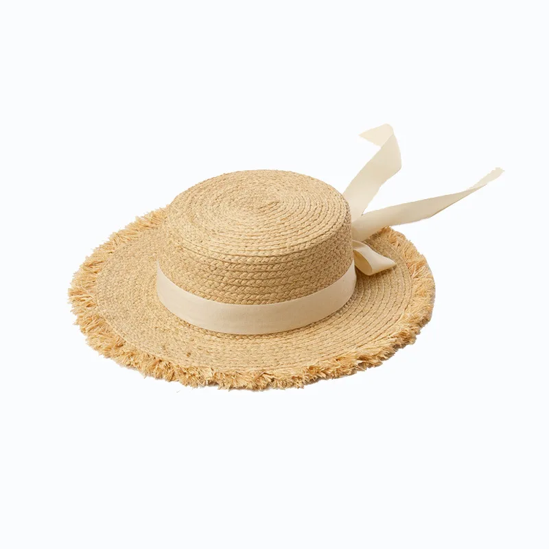 

X259 Children Sun Cap Summer Raffia Straw Hat Bow Raffia Flat Top Straw Hat Outdoor Travel Shade Straw Hat Sun Beach Caps