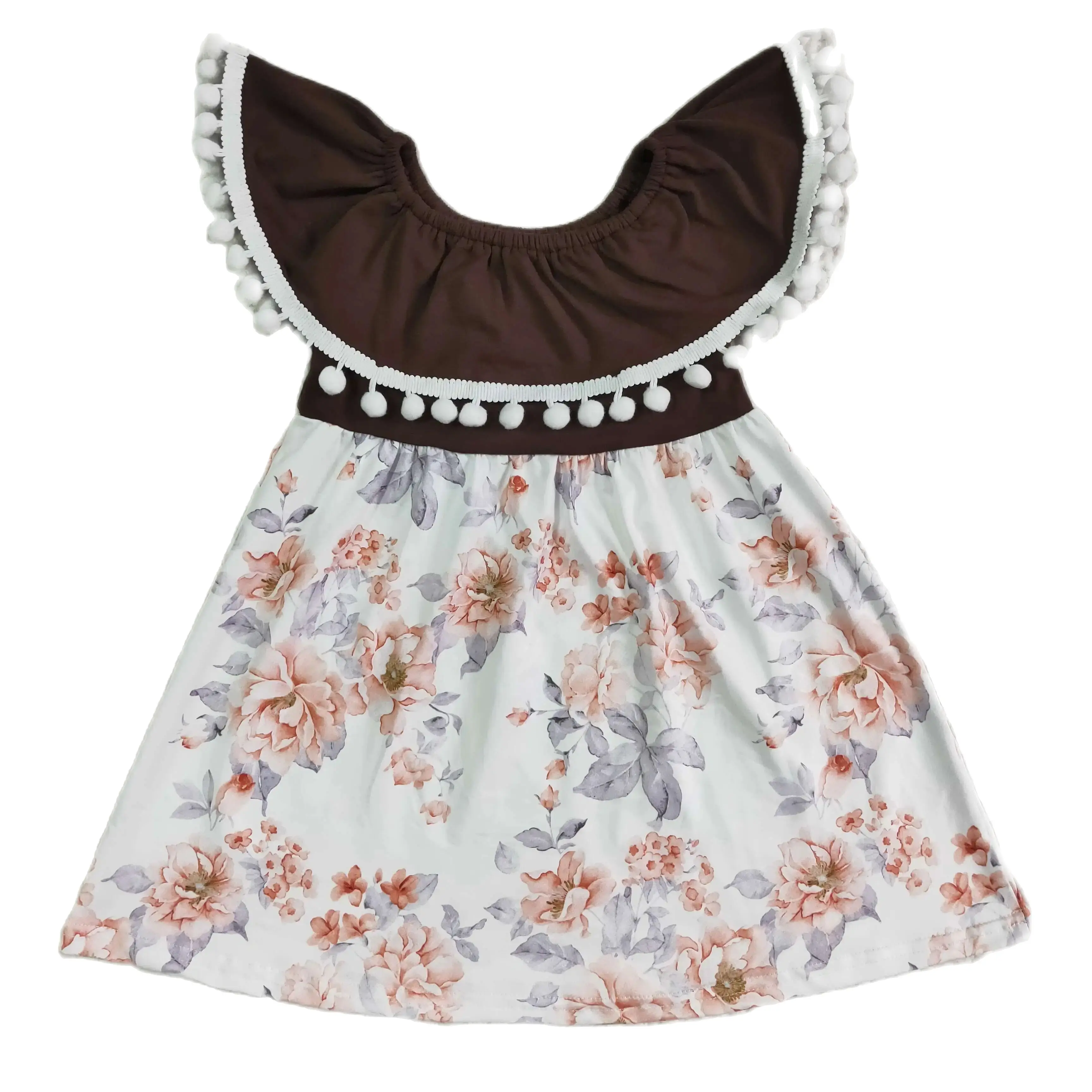 GSD0023 Fashionable And Good-Looking  Girls Dresses  Sleeves Top White Ball Flowers Print With  Dress Children Clothes