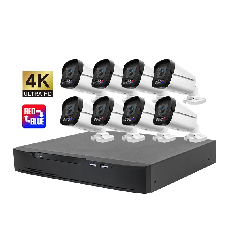 Professional Manufacture 8MP 8CH Two Way Audio Outdoor Home Poe Nvr Kit Red-Blue Light Alarm 4K NVR CCTV C·amera System Set