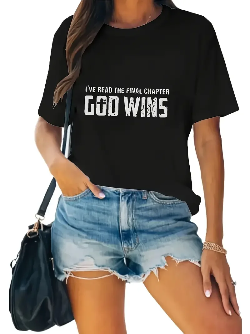 

God Wins Print Short Sleeved Casual Women T-shirt Round Neck Women Graphical Female Summer T shirt Clothing Tee Tops