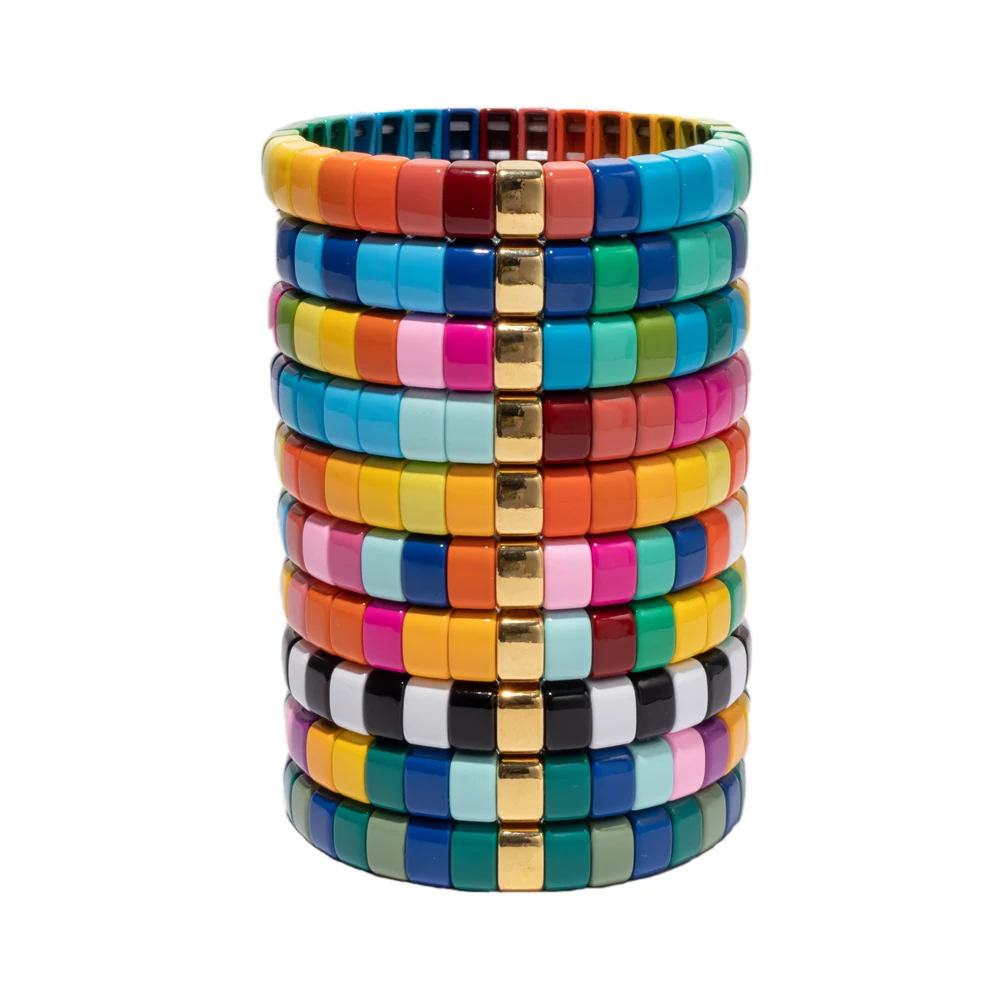 Newest Design 6X9MM Colorful Enamel Bracelets Arch Shape Bohemian Elsatic Beads Bracelets For Women Colorful Jewelry Gift