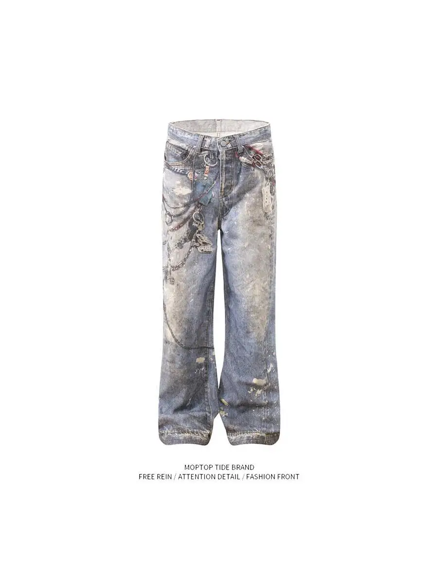 

Retro AC Sle 3D Digital Print Loose Jeans Men Women Trendy Mud Dyeing Faded Cotton Straight Leg Jeans Youth Casual Faion
