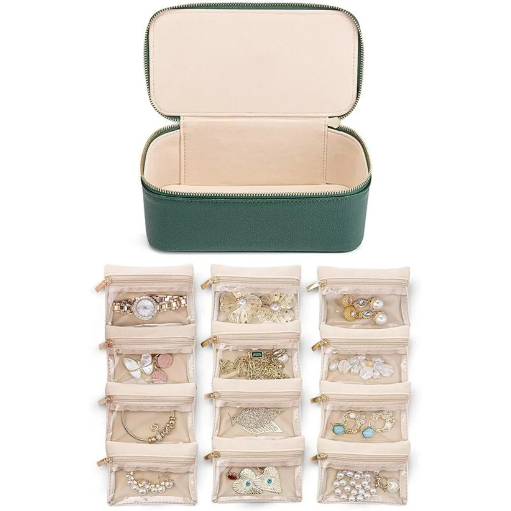 

New Portable Travel Jewelry Box Large Capacity PU Leather Jewelry Case with 6/12pcs Small Pouches Earring Storage Case