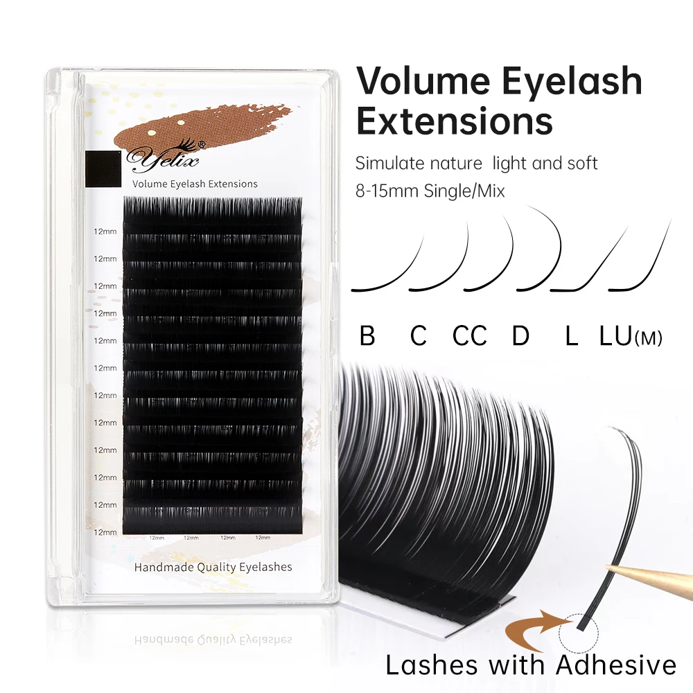 Yelix Premium Volume Eyelash Extensions With Adhesive Natural Soft Premade Fan Individual Lashes Russian Volume Fluffy Faux Cils
