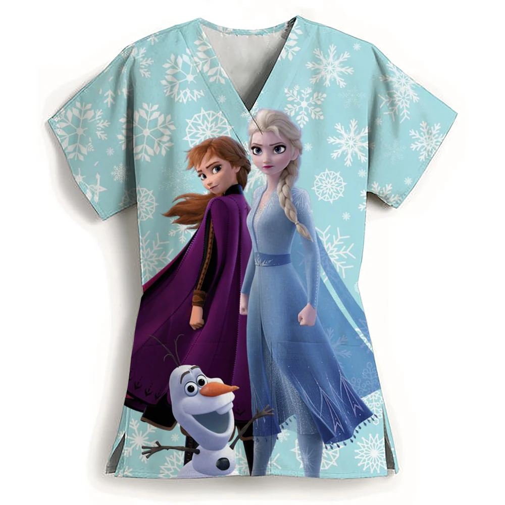 Disney Princess Print Nurse Uniform Dental Clinic V-neck Surgical Gown Snow White Pet Hospital Work Clothes women's short-sleeve