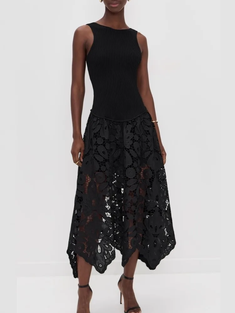 Abito da donna con cerniera e cuciture con cinturino Primavera e autunno Abiti da festa per le vacanze a vita alta in pizzo stile casual allentato tinta unita