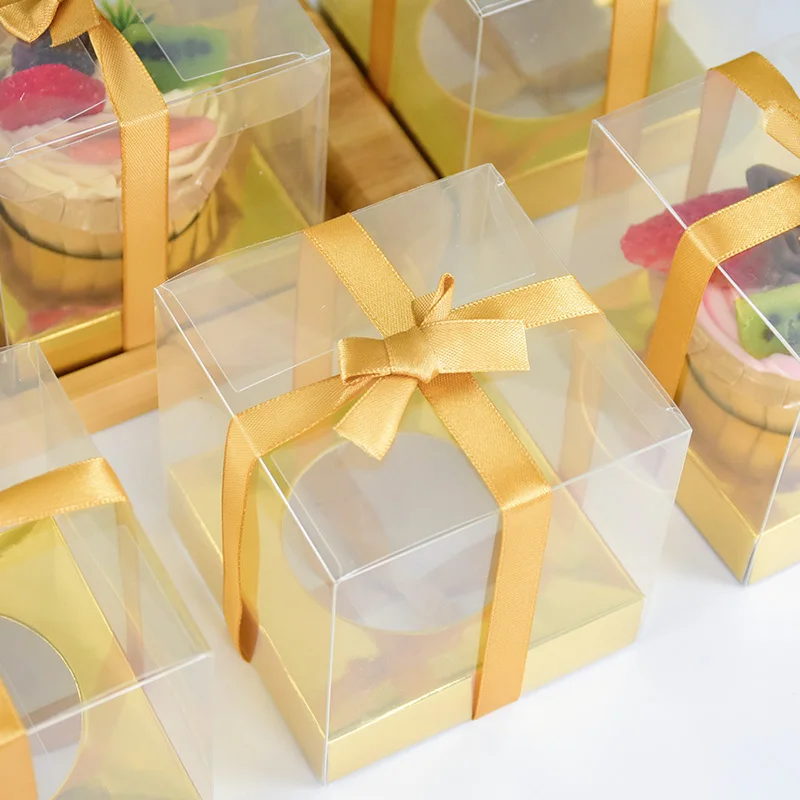 5/10pcs Gold Clear Plastic Cupcake Box Cake Biscuit Candy Packaging Box Container Wedding Party Favors Cupcake Gift Box Supplies