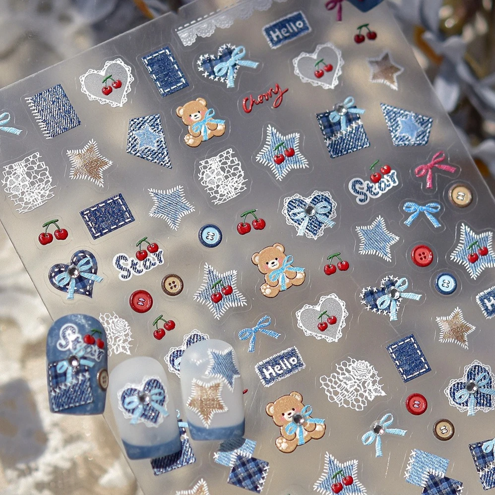 

Blue Denim Button Fabric Art Cherry Lace Bear Bowknot Love Heart Star Self Adhesive Nail Art Stickers Manicure Decals Wholesale