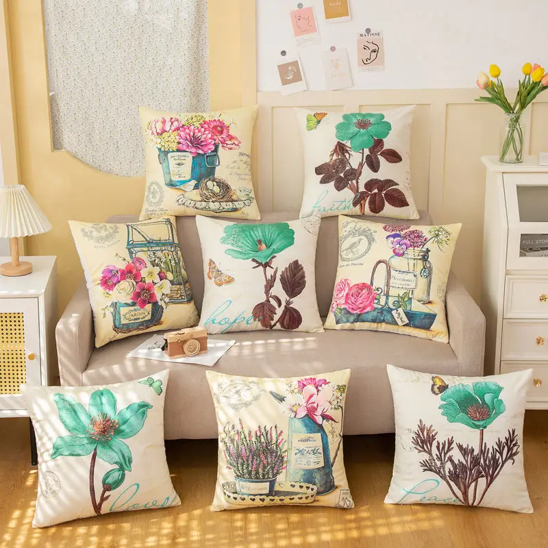 Glass Vase Flower Pillowcase Spring Floral Pillows Case for Living Room Bed Sofa Garden Chair Pillow Cover for Outdoor 45x45cm