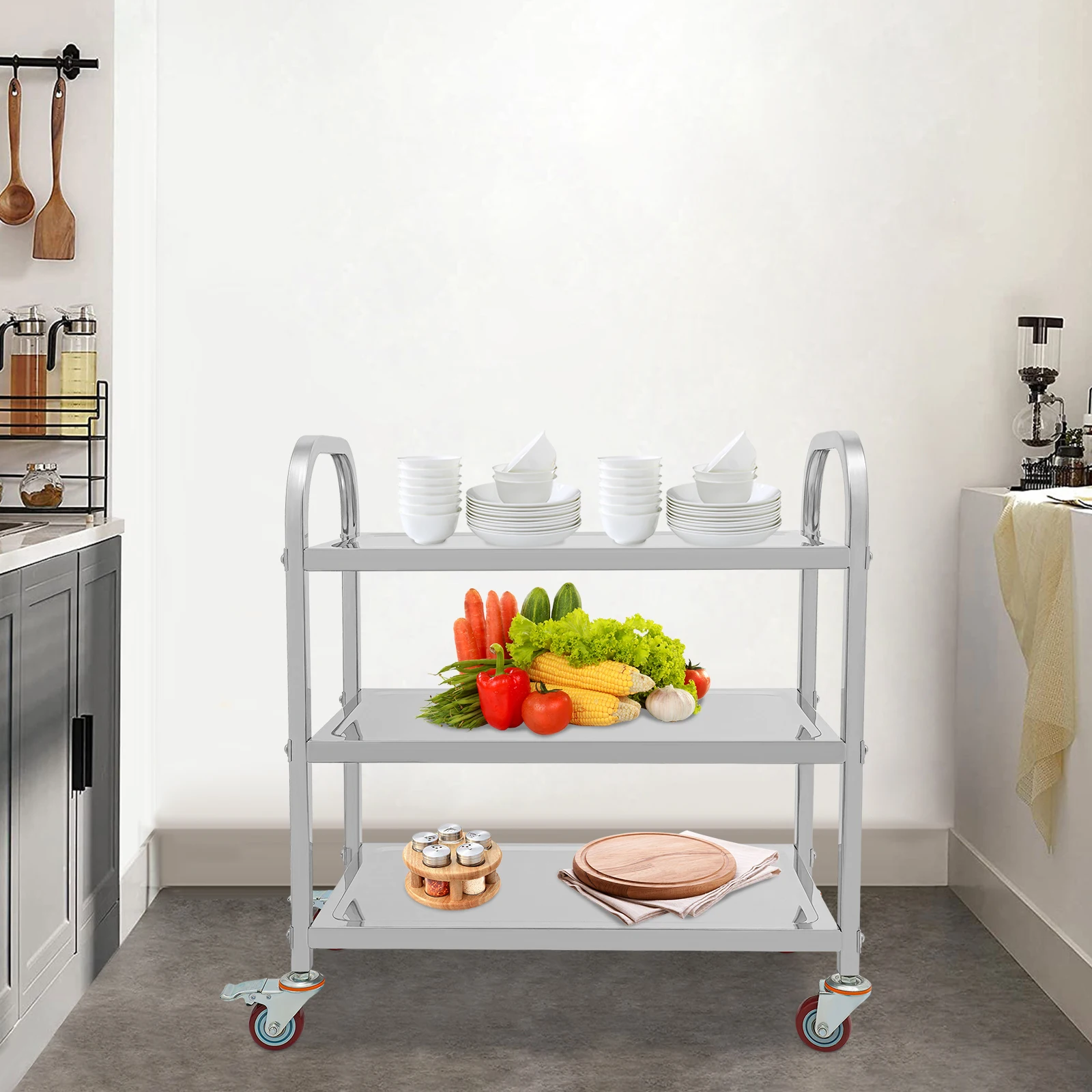3 Tier Stainless Steel Kitchen Trolley Cart Utility Serving Storage Rolling Car Shelf Kitchen Trolley Car used in Beauty Clubs/Spa Clubs/Hotels