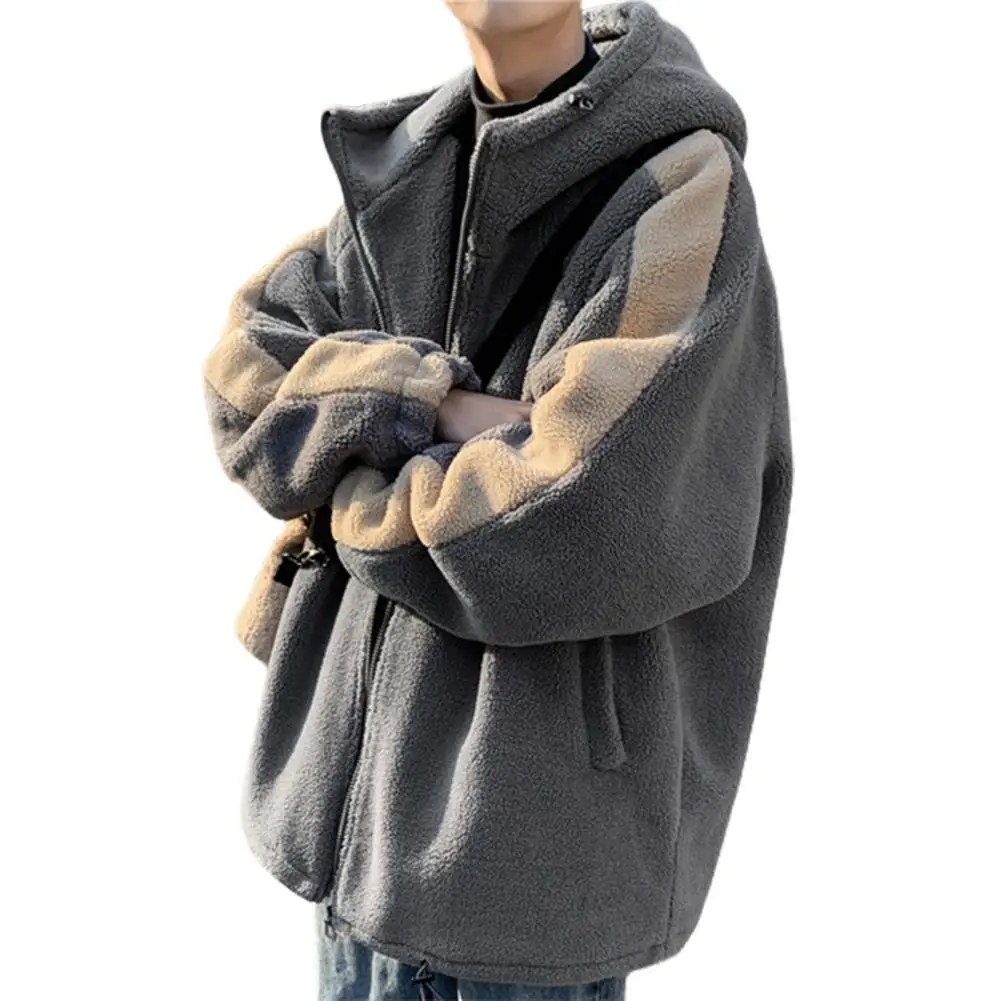 

Thick Men Jacket Men Polyester Jacket Winter Warm Men's Hooded Jacket with Faux Sherpa Drawstring Hem Contrast for Students