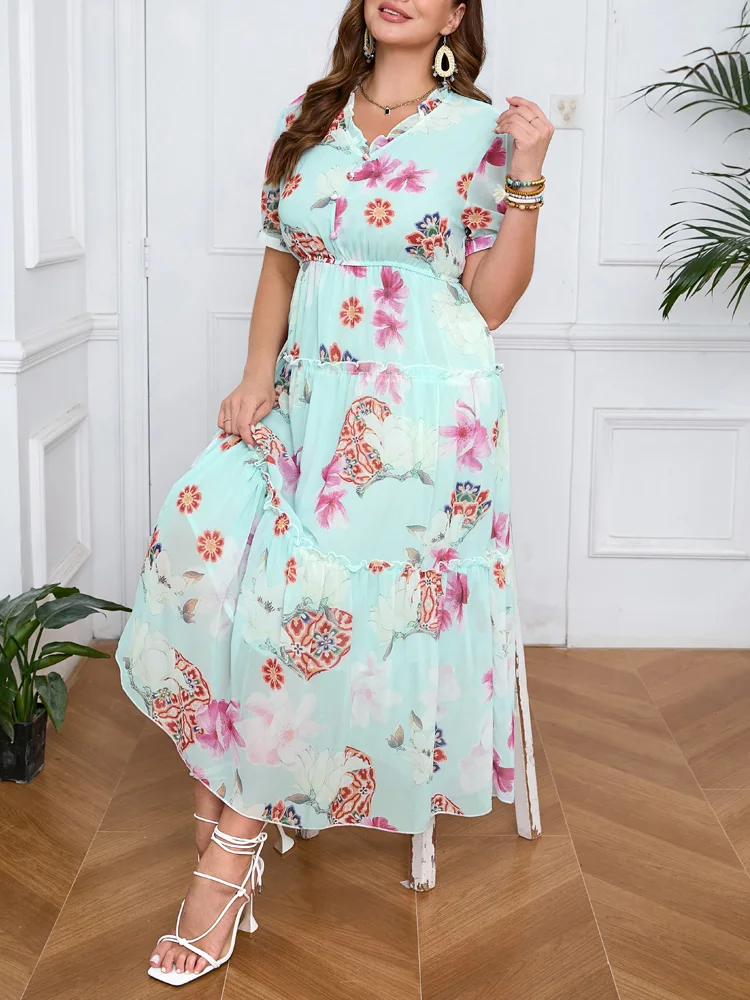 GIBSIE Plus Size Floral Print V-Neck Ruffle Hem Dress Women Summer Short Sleeve Elegant High Waist Chiffon Big Swing Long Dress