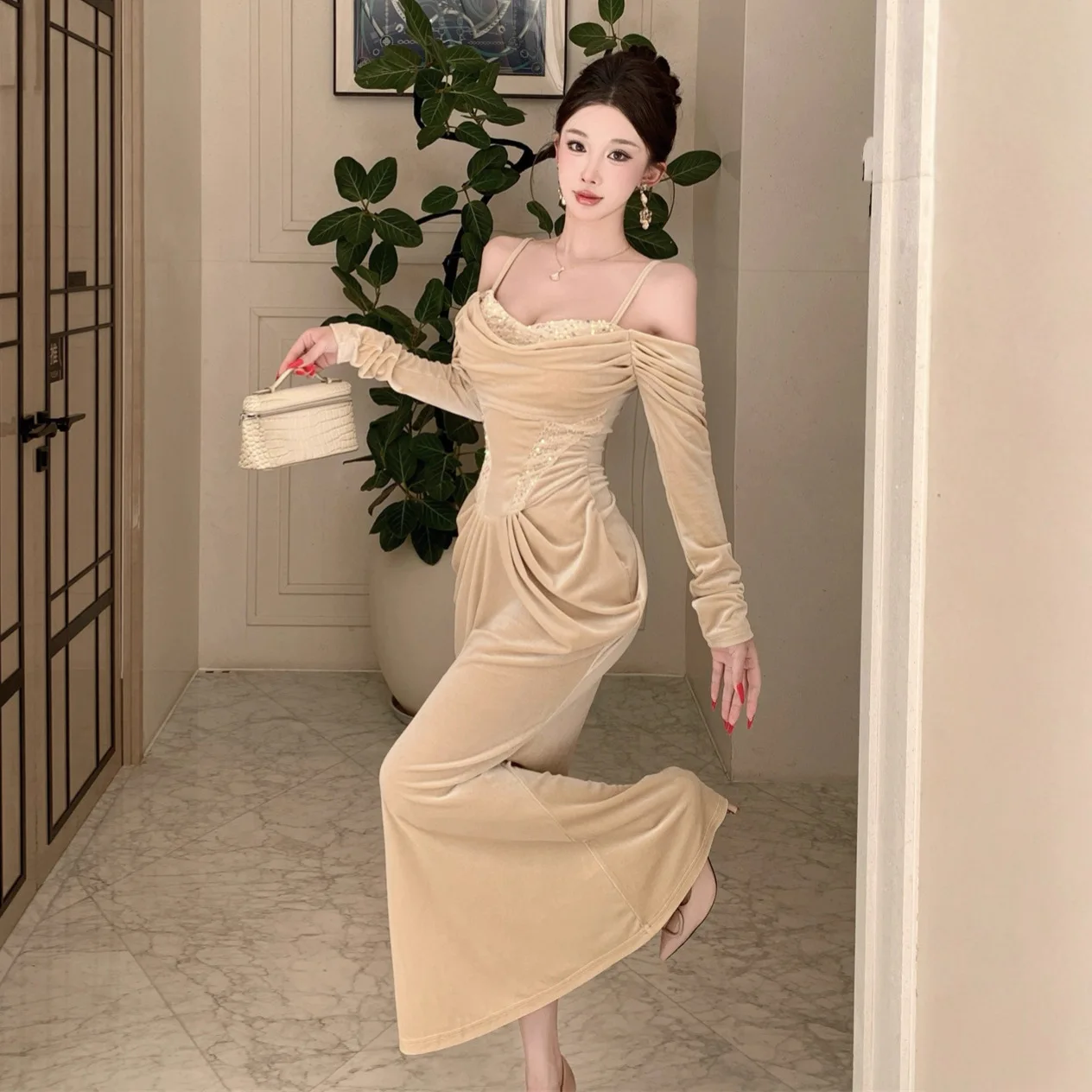 Elegancka sukienka wieczorowa w stylu vintage z cekinami, aksamitu i szampańskiego koloru, damska, z koronkowymi wstawkami, marszczona, dopasowana, typu syrena, na imprezę, studniówkę, vestidos, suknia.