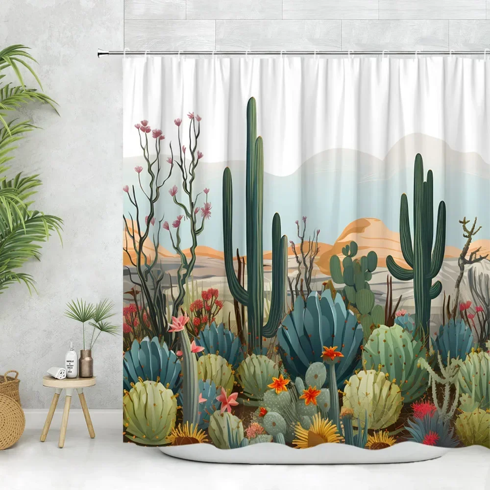 Cactus Shower Curtain, Tropical Plant Flower Desert Greenery Greenery Watercolor Succulent Farm Polyester Fabric Bathroom Deco