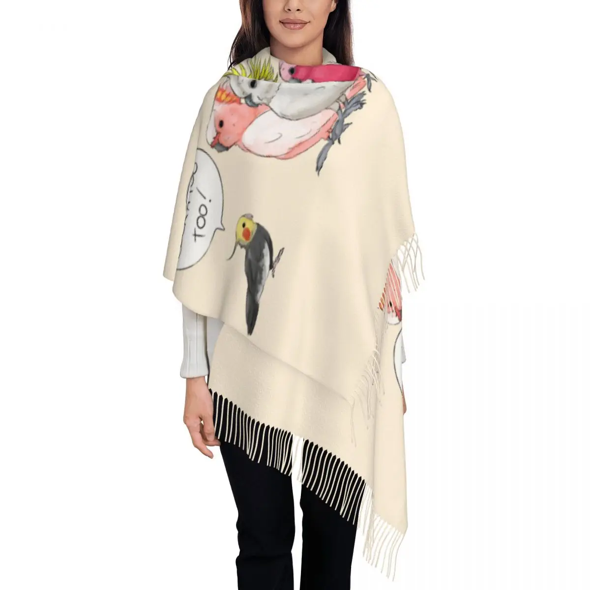 Custom Luxury Funny Cockatoo Cockatiel Tassel Scarf Women Winter Warm Shawls Wraps Ladies Parrot Birds Scarves