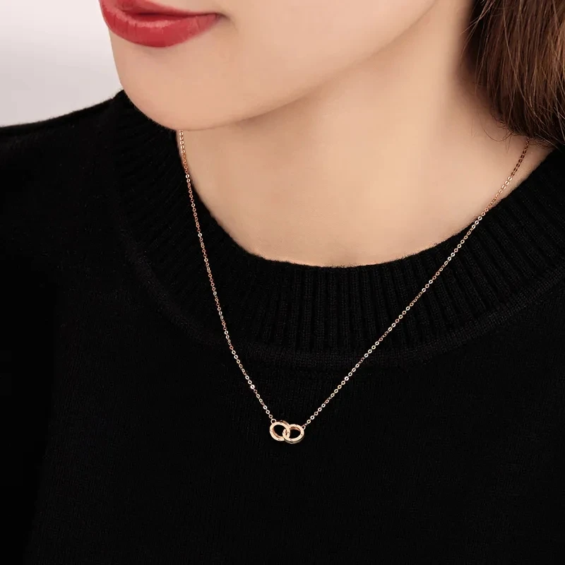 585 Purple Gold Plated 14K Rose Gold Double Ring Necklace Pendant Fashion Chain Classic Elegant Jewelry Gift for Girlfriend - Image 6