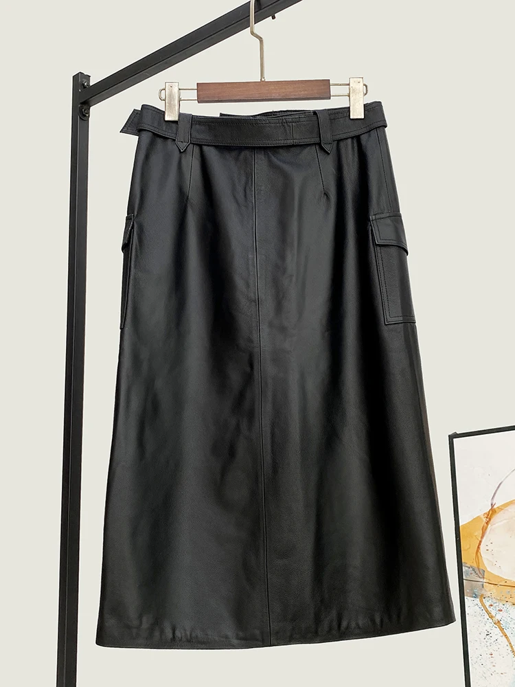 First Layer Cowhide High Quality Genuine Leather Skirt Women's Spring New Waist Mid-Length Belt over the Knee One Step Sheath