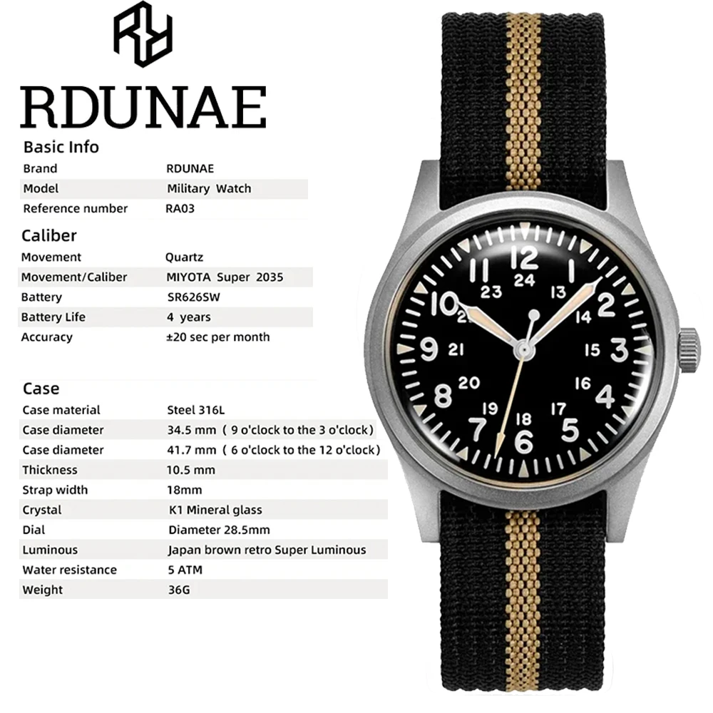 RDUNAE RA03 relojes Retro para hombre, reloj de cuarzo para hombre G10, reloj de pulsera Retro de acero inoxidable con cristal Mineral de homenaje del ejército militar de 50M