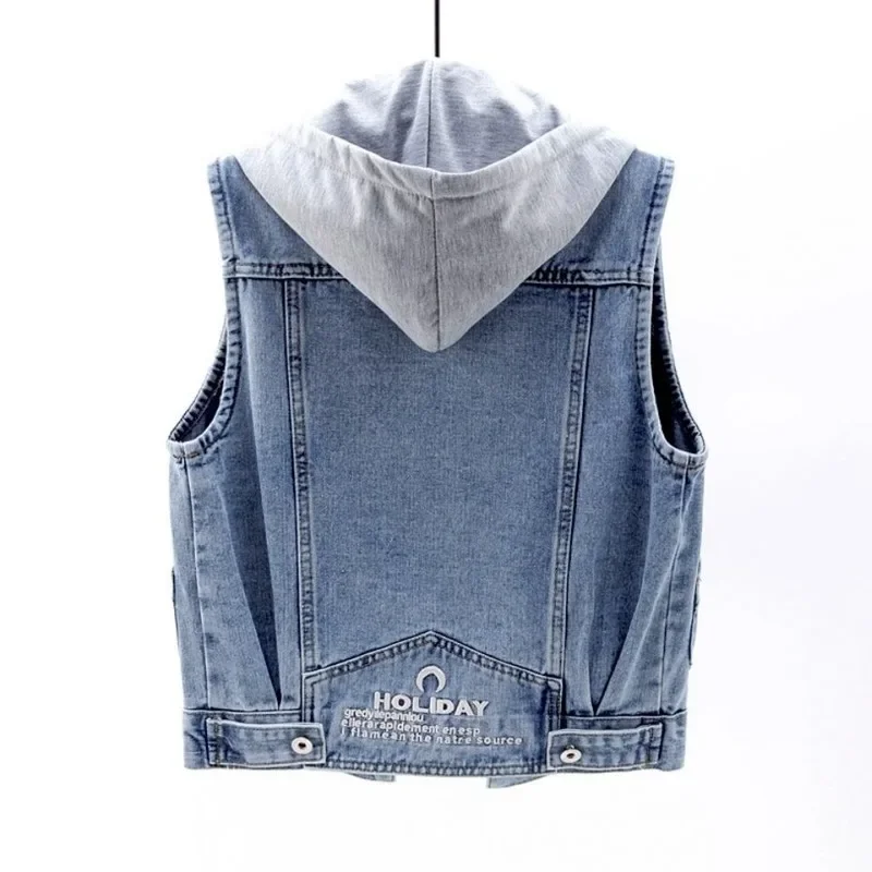Sleeveless Jeans Jacket Women Korean Fashion Hooded Vests Jean Short Waistcoat Large Size Cotton Zipper Denim Vest Female
