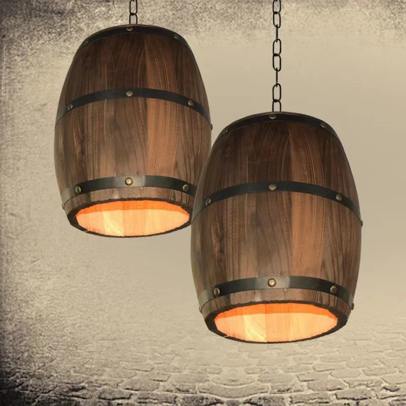 Cafe Barrel Shape Pendant Lamp Retro Loft Wood Cask Pendant Light Wood Iron E27 Ceiling Chandelier Restaurant Home Decor