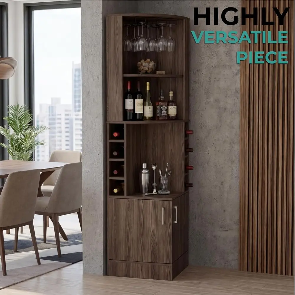 Syrah Bar Cabinet, Tall 71.1" Liquor Cabinet with Stemware Rack, 8 Bottle Cubbies, 2 Do& Open Shelves, Triangular Wine Bar Cabin view 4