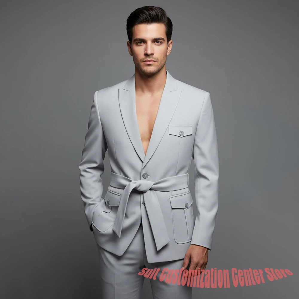 

Luxe High-end Men's Gray Belted Pants Set Slim-Fit Formal Two-Piece(Jacket+Trousers) Suit Elegant Wedding Evening Parties Outfit