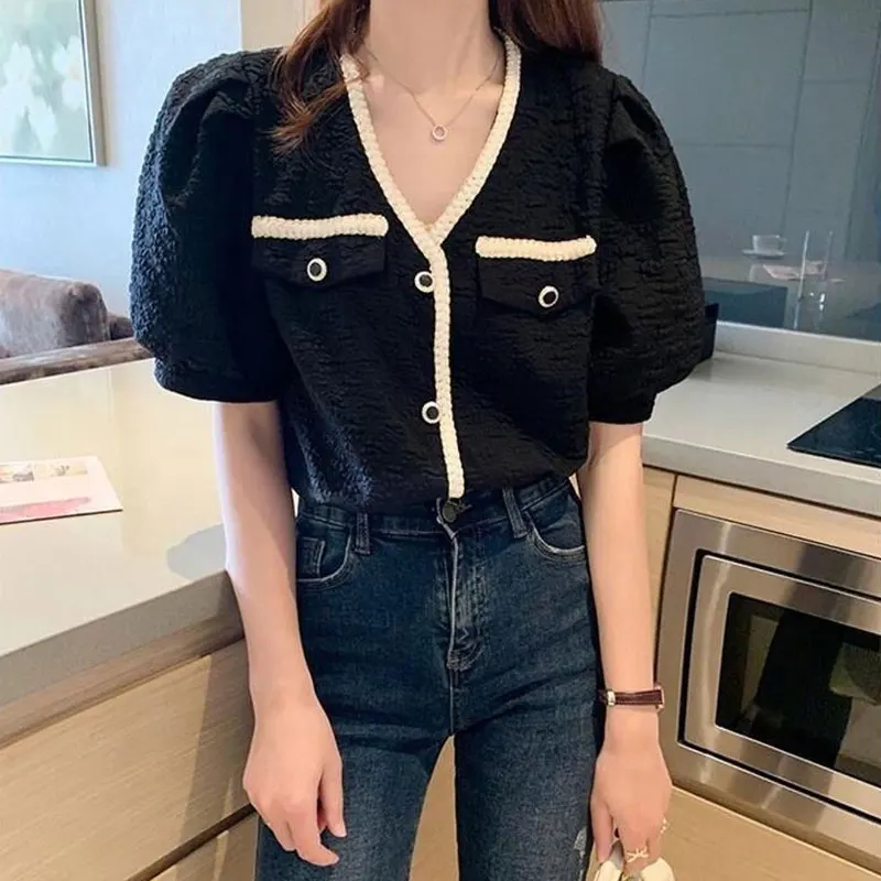 Women's Clothing Lace Spliced V-Neck Shirts French Style Short Sleeve Summer New Basic Solid Color Elegant Stylish Button Blouse