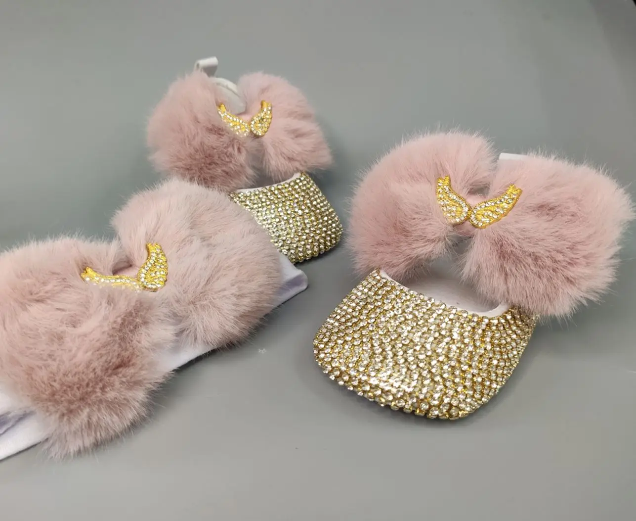 Dollbling Dusty Pink Feather Ball Fur Baby Shoes Headband Set Luxury Diamond Fluff Outfit Red Bottom Little Girl Baptism Shoes