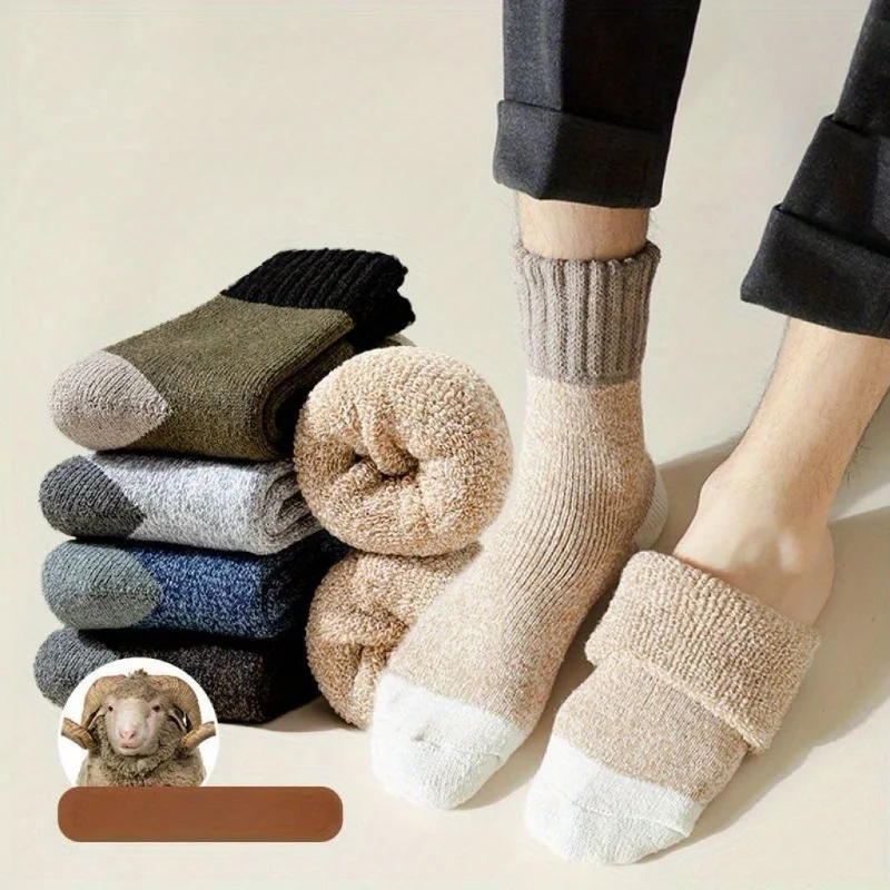 

Men Wool Thermal Crew Socks Thick Fleece Lined Color Block Knit Winter Warm Socks For Cold Weather Daily Outdoor Wear
