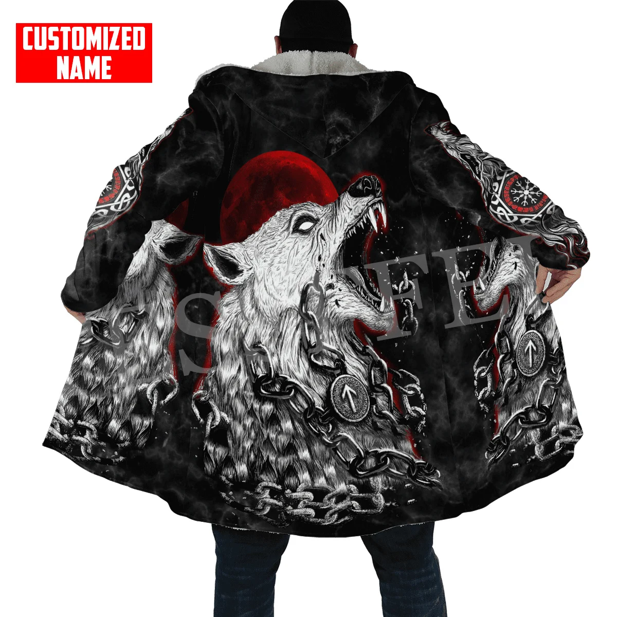 Wolf Fenrir Odin Nordic Warrior Mythology Tattoo Vintage Retro 3DPrint Windbreaker Winter Casual Hoodies Cloak Fleece Overcoat W