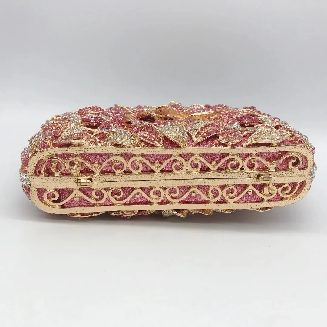 Rose Gold Rhinestone Flower Clutch Purse Crystal Luxury Designer Women's Dinner Party Handbags Unique Diamond Wedding Evening Ba