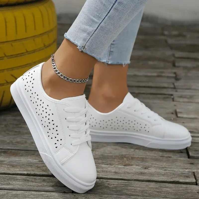 Women Shoes Fashion Summer Casual White Shoes Cutouts Lace Canvas Hollow Breathable Platform Flat Shoes Woman Sneakers