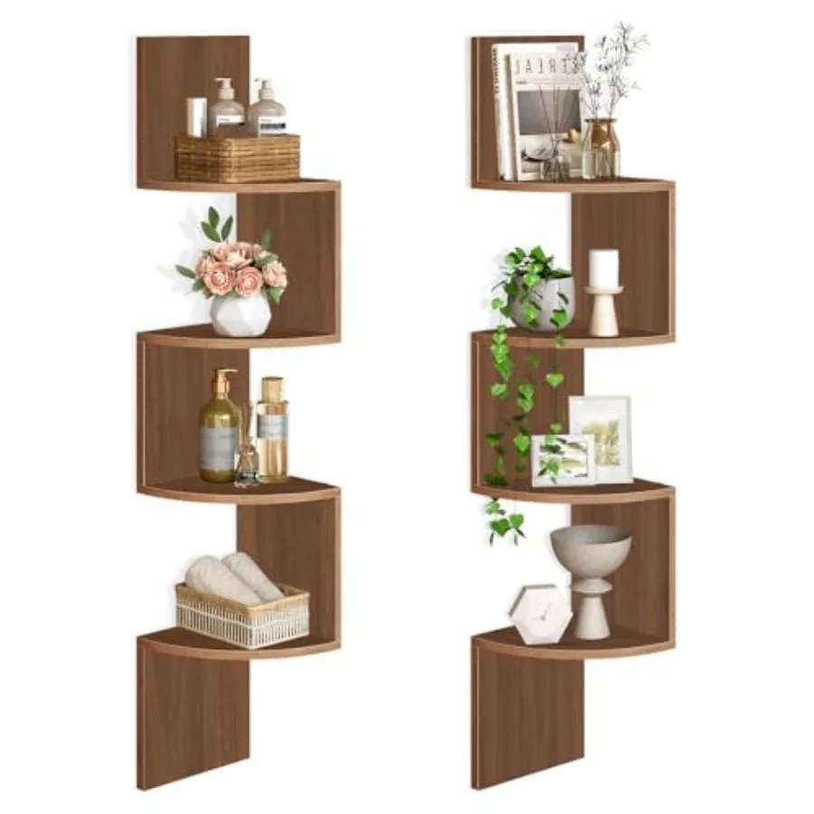 

Wall-Mounted Corner Shelf Set of 2 4-Tier Floating Corner Shelves in Walnut for Living Room Bedroom Bathroom Home Office