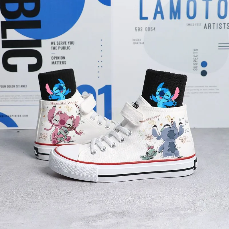 Disney Kids Canvas Shoes Stitch Children Cartoon Hand-Drawn High Top Fashion Casual Canvas Sneakers Boys Girls Shoes Size 26-37